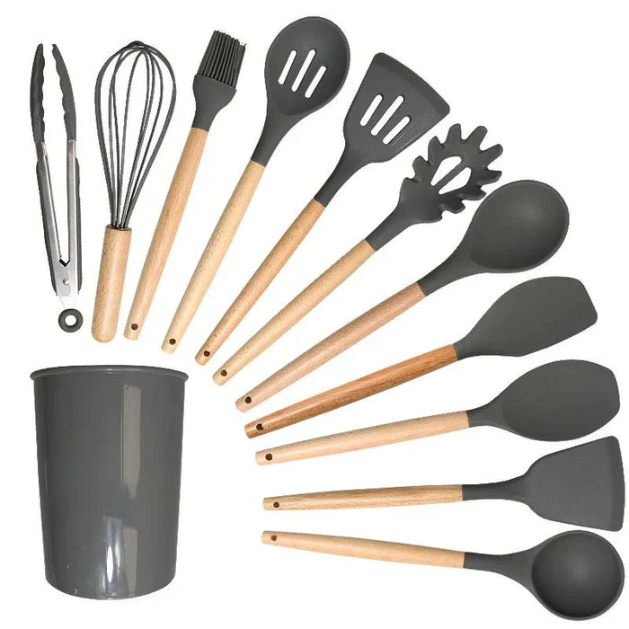 Silicone Kitchen Utensil Set with Wooden Handle